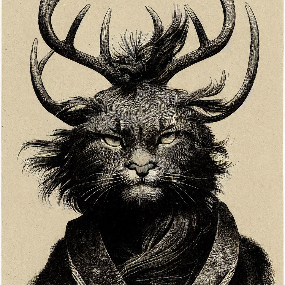 Black Siberian cat-samurai with baroque antlers, detailed etching, Midjourney prompt techniques, image blending, artistic styles.