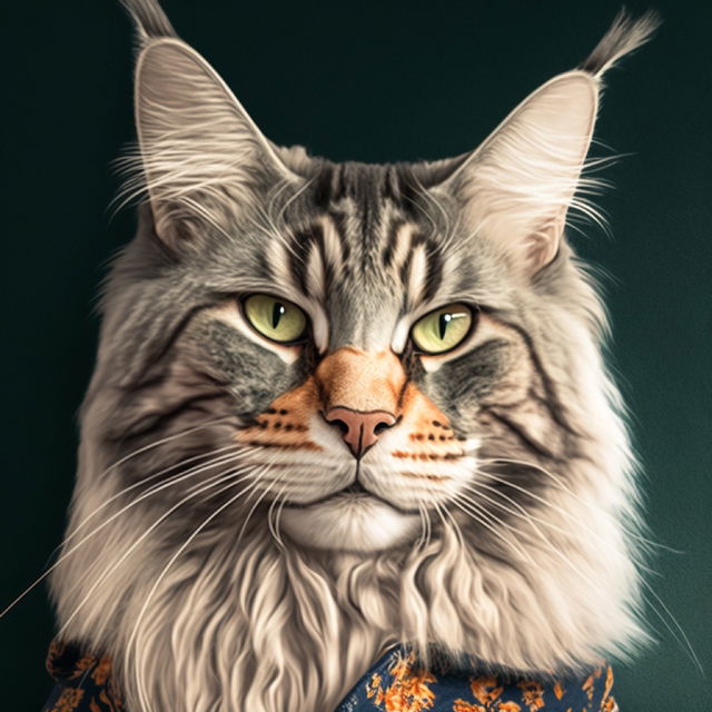 Resulting blend of cat portrait using Midjourney prompt techniques, showcasing artistic style transfer and character creation.