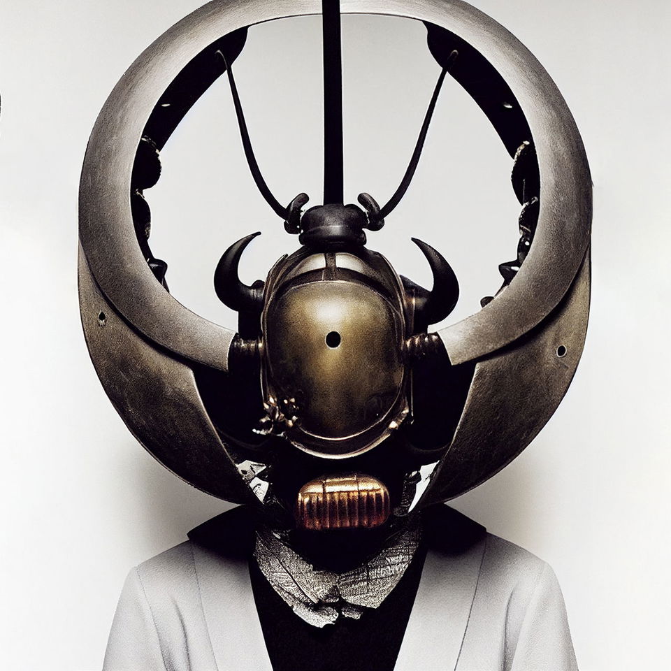 dieselpunk samurai beetle mask headpiece, Midjourney prompt, image blending, artistic style transfer, character creation, abstract art techniques