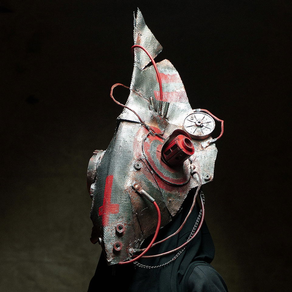 Post-apocalyptic Orca Samurai mask, Midjourney prompt for character creation, artistic style transfer, image blending techniques.