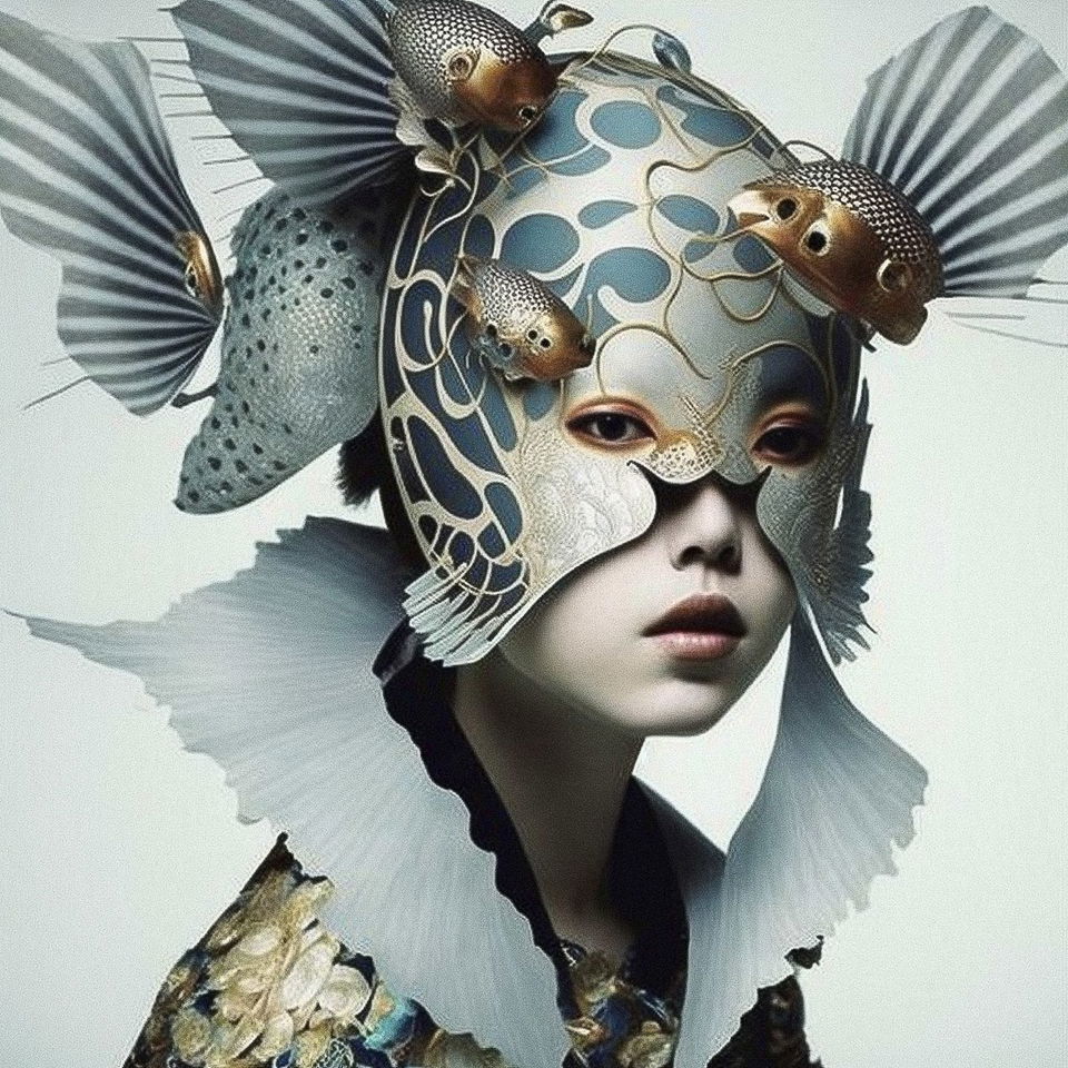 anime girl wearing intricate fish mask, Midjourney prompt for artistic style transfer, character creation, image blending techniques