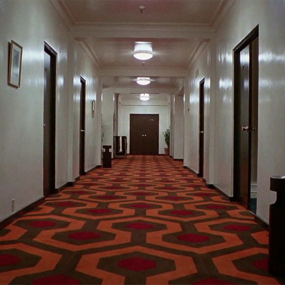 Midjourney prompt for blending hallway scenes, focusing on architectural details, color patterns, and spatial composition.