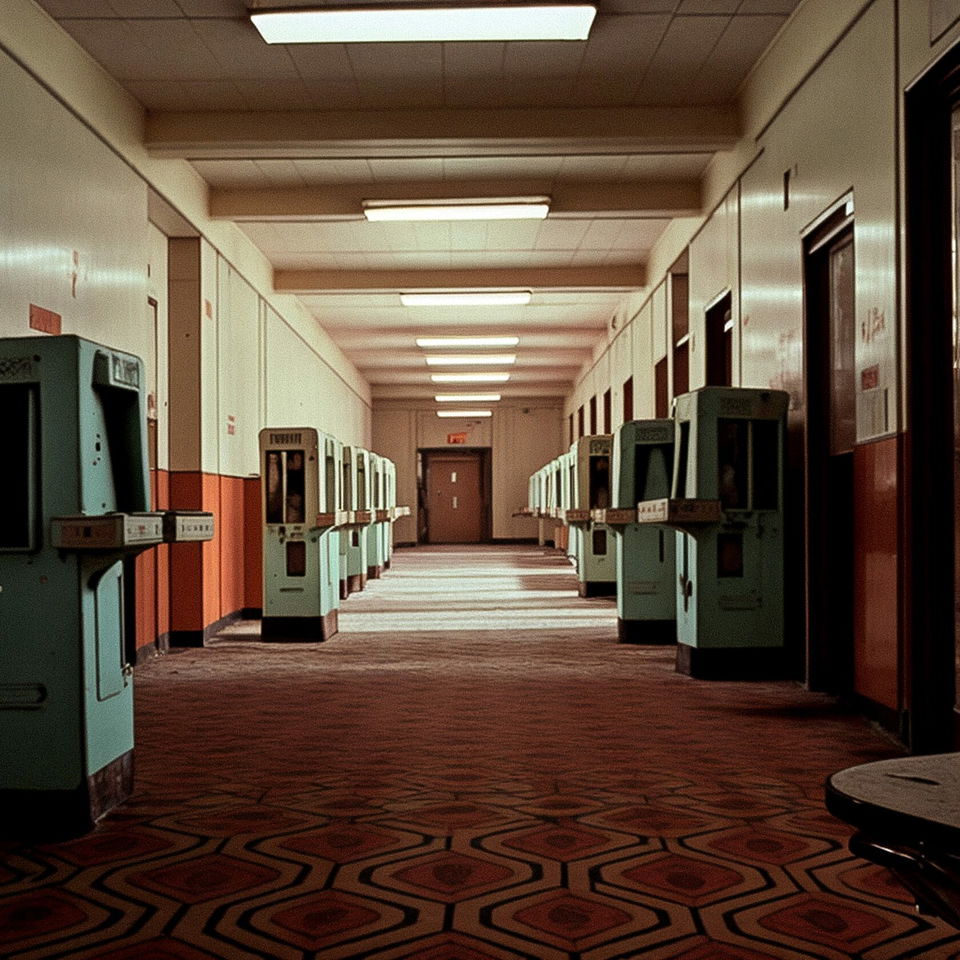 Resulting blend of retro phone booths in corridor, showcasing Midjourney prompt techniques and artistic style integration.