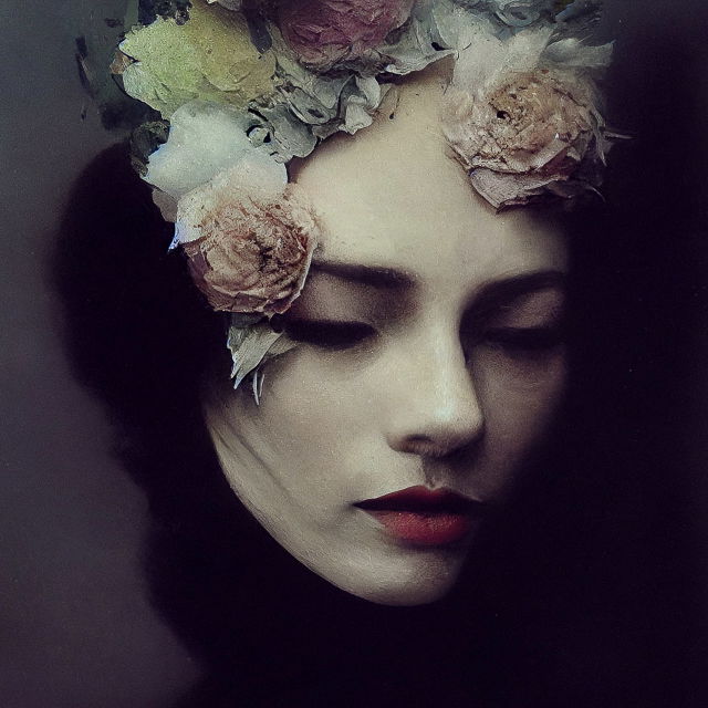 Midjourney prompt for floral beauty portrait blending techniques, character creation, artistic style transfer, Sarah Moon influence.