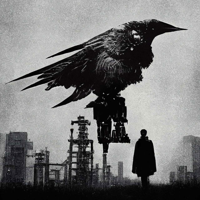 Midjourney prompt for dark Japanese industrial poster featuring mecha bird, blending techniques, artistic style transfer, abstract art generation.