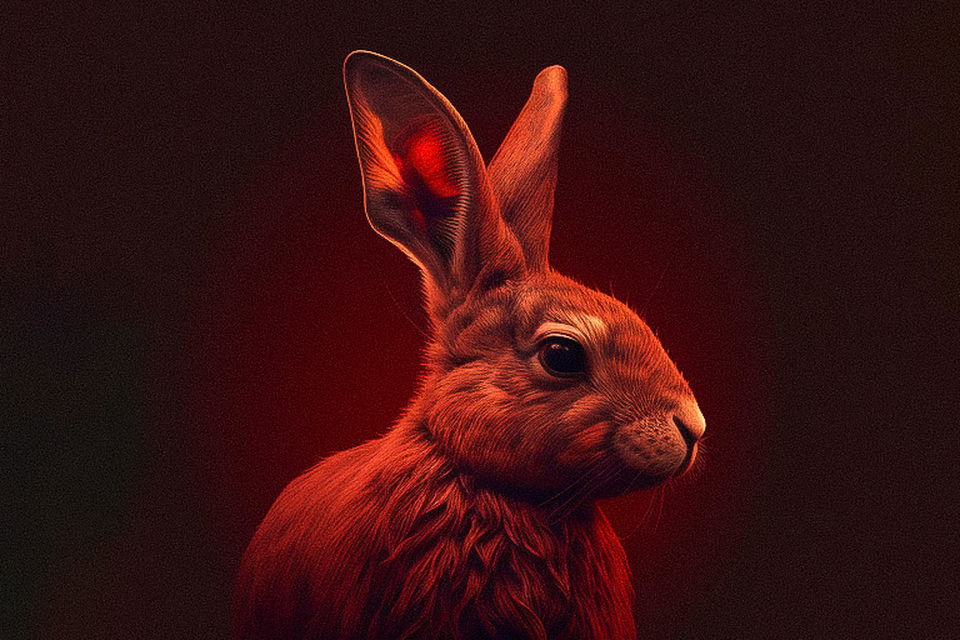 Red rabbit generated using Midjourney prompt techniques, showcasing image blending and artistic style transfer.