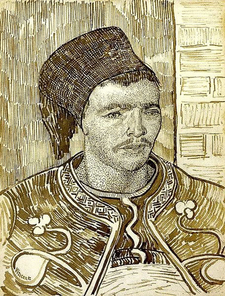 Portrait of a uniformed man in a hat, rendered as sepia cross-hatched line art