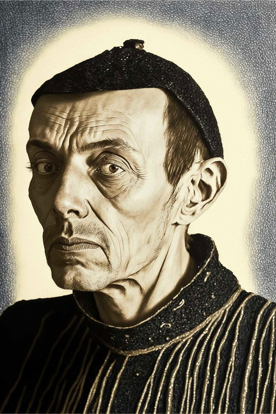 Resulting blend of character creation using Midjourney prompt techniques, showcasing artistic style transfer and image blending capabilities.