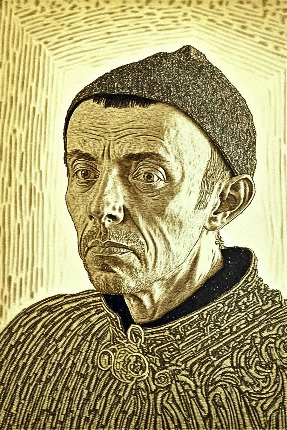 Resulting blend of portrait using Midjourney prompt techniques, showcasing artistic style transfer and character creation.