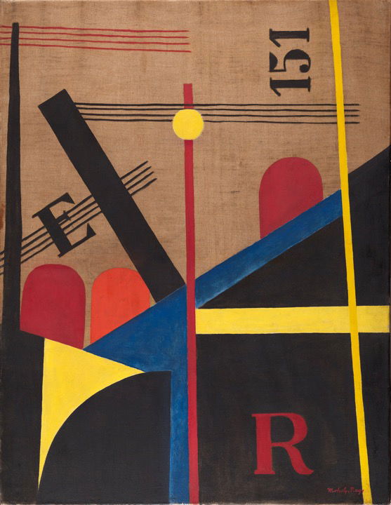 Midjourney prompt for blending László Moholy-Nagy's Large Railway Painting, exploring abstract art techniques and style transfer.