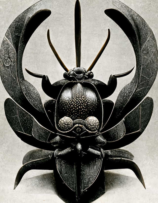 Midjourney prompt for samurai beetle design, inspired by Karl Blossfeldt and Ernst Haeckel, showcasing V3 features.