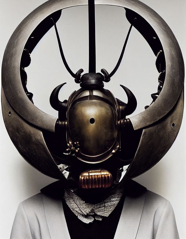 Midjourney prompt for dieselpunk samurai beetle mask headpiece, showcasing iterative image generation and style swap techniques in Remix mode.
