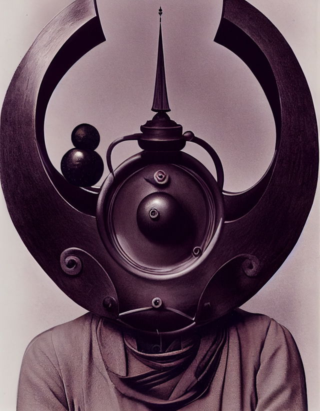 Surreal armored figure with a kettle-like helmet, in the style of Karl Blossfeldt, sepia monochrome