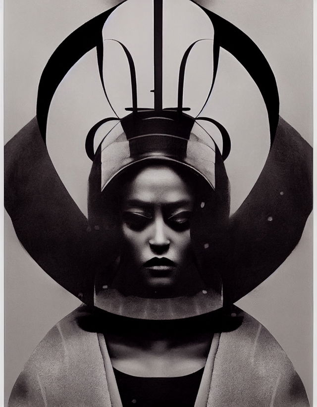 Midjourney prompt showcasing iterative image generation, fashion design, style swap, V3, V4, featuring abstract headpiece and model.