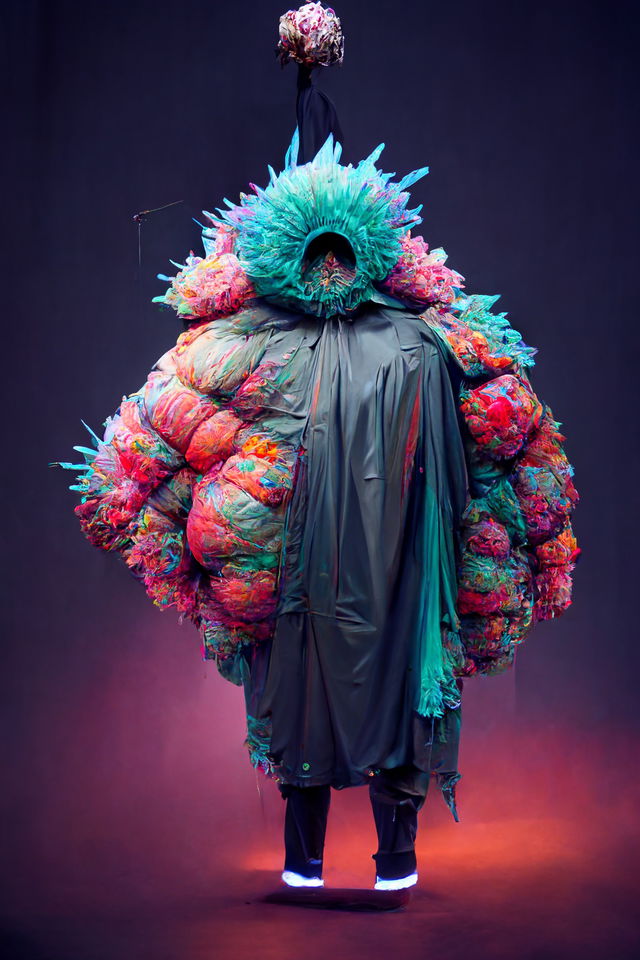 Oversized puffed up unibody costume by Yeezy showcasing Midjourney prompt engineering techniques in fashion design.