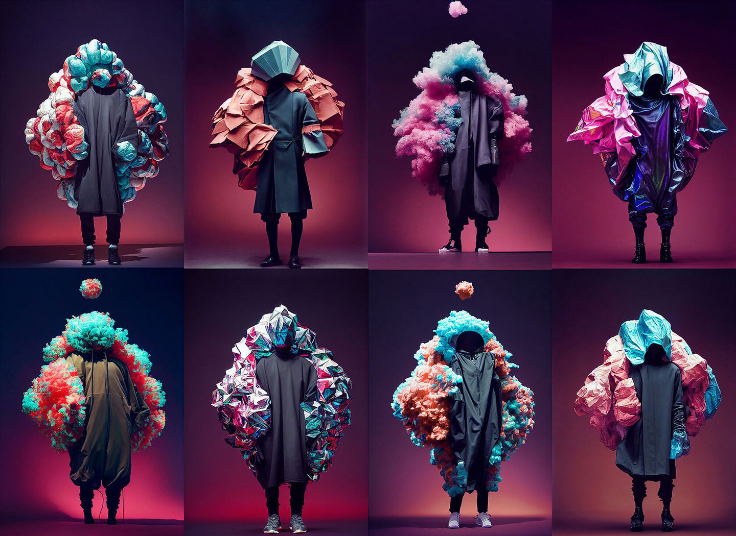 Midjourney prompt showcasing oversized puffed costumes by Yeezy, featuring vibrant colors and unique shapes in fashion design.