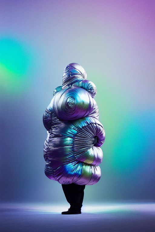 Oversized tardigrade-shaped iridescent costume by Yeezy, showcasing Midjourney prompt engineering and fashion design techniques.