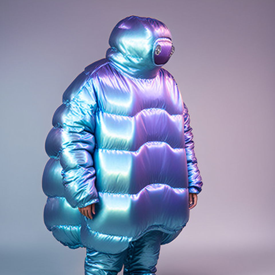 Midjourney prompt for oversized tardigrade-inspired iridescent costume design in Remix mode, V4, showcasing fashion innovation.