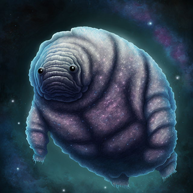 Frontal space tardigrade in detailed digital art with blue-purple cosmic colors and soft glow, Midjourney V4