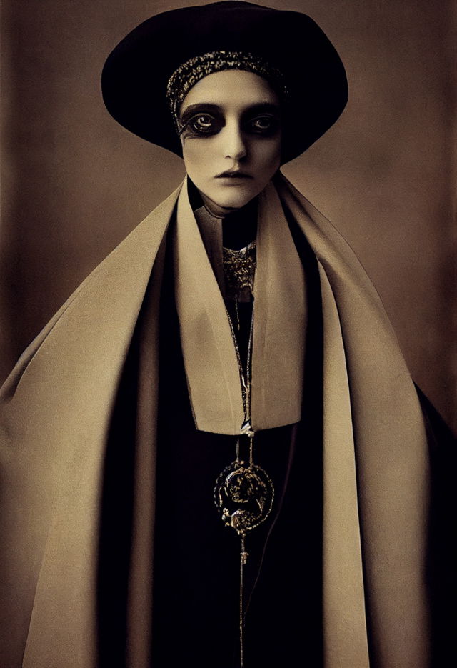 Midjourney prompt for fashion design featuring XIX century archbishop by Paolo Roversi, showcasing iterative image generation and style swap techniques.