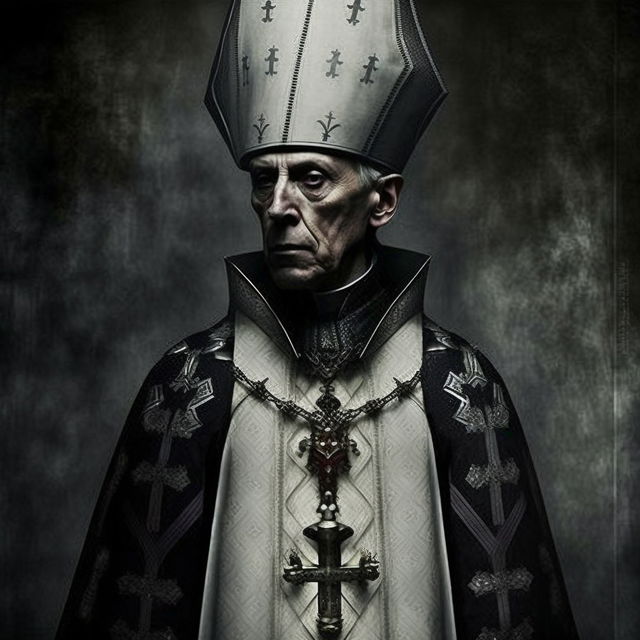 Iron archbishop portrait in the style of Paolo Roversi, dark monochrome photographic lighting, Midjourney V4