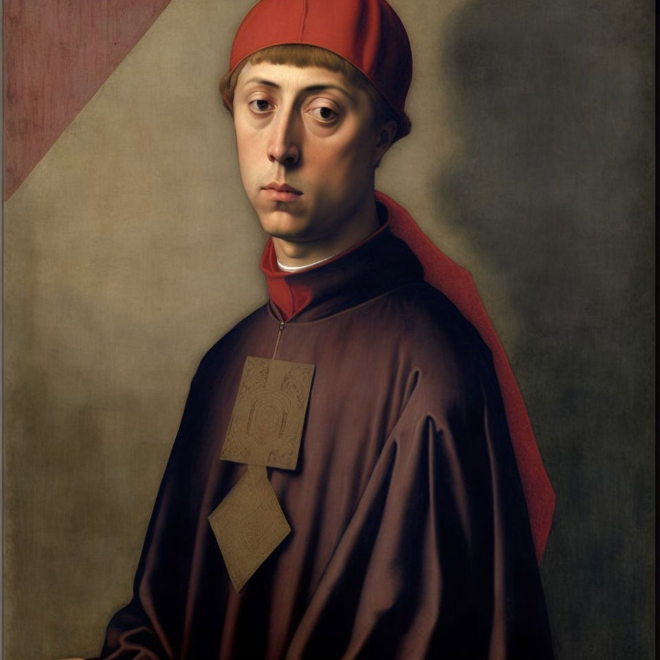 Archbishop portrait in the style of Masaccio, rendered as a dark, muted Renaissance oil painting, Midjourney V4