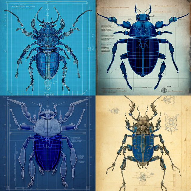 Blueprint of samurai beetle showcasing Midjourney prompt engineering techniques in V4.