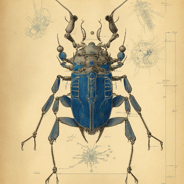 Blueprint of samurai beetle, Midjourney prompt engineering, V4 features, iterative image generation, style swap techniques.