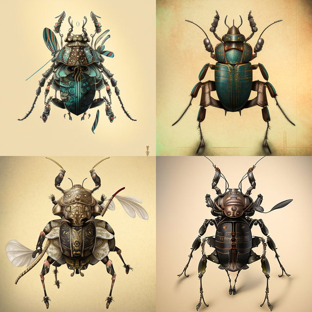 Four samurai beetles in detailed entomological illustrations with teal, bronze, and black tones, Midjourney V4