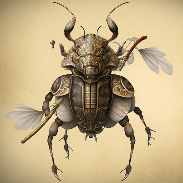Samurai beetle illustration showcasing Midjourney prompt engineering techniques in Remix mode, version 4.