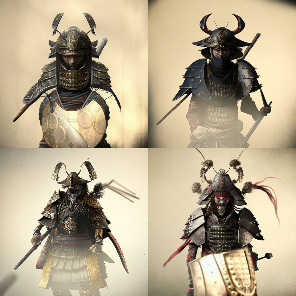 XIX century French samurai characters generated with Midjourney prompt techniques, showcasing variations and styles in V4.