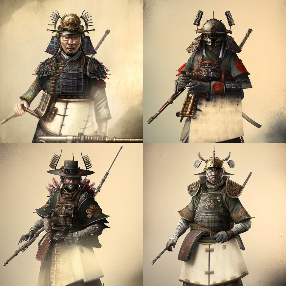 Four dieselpunk samurai from Napoleon’s army in muted sepia military concept art, Midjourney V4