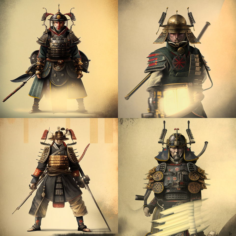 Midjourney prompt for dieselpunk samurai characters, showcasing iterative image generation and style swaps in V4.