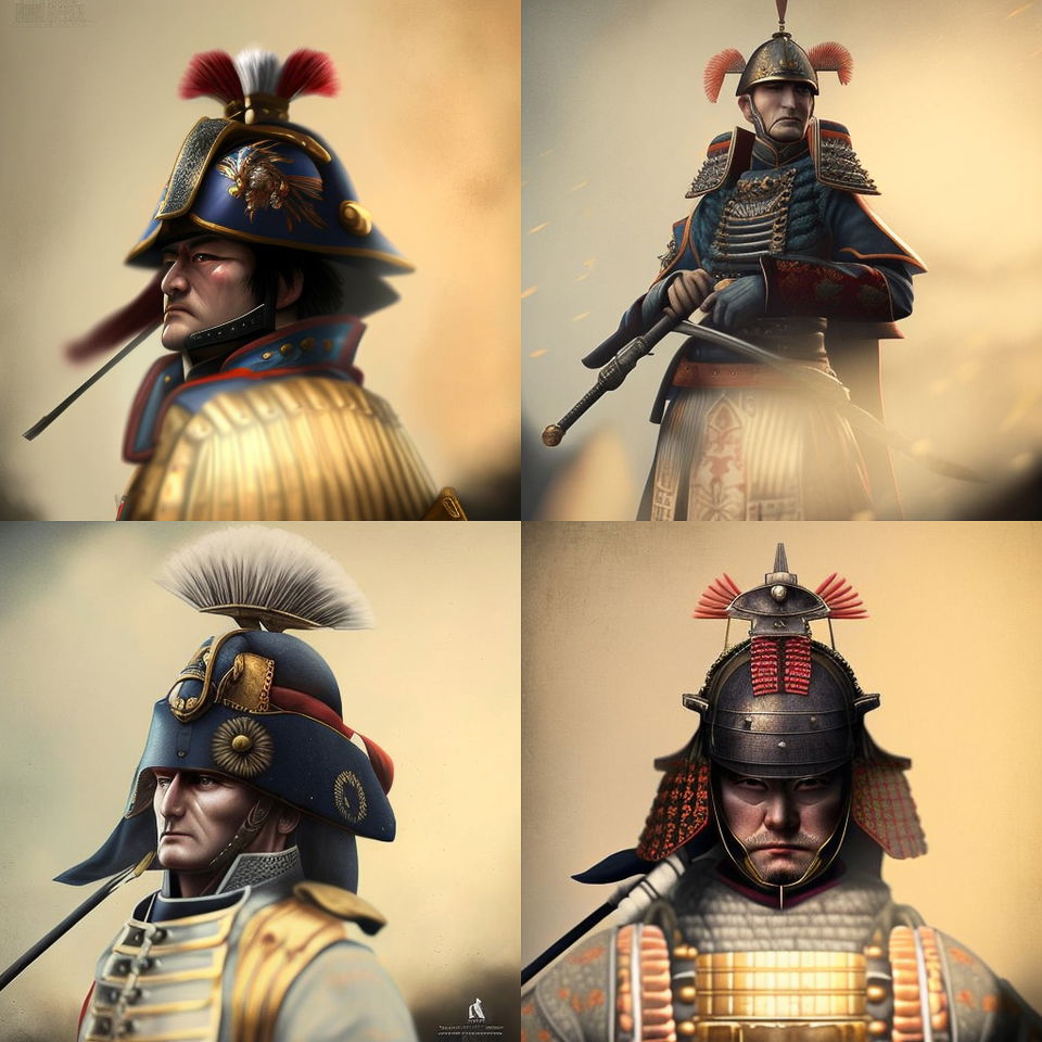 Midjourney prompt for Napoleon Army French samurai, showcasing iterative image generation and style swaps in V4.