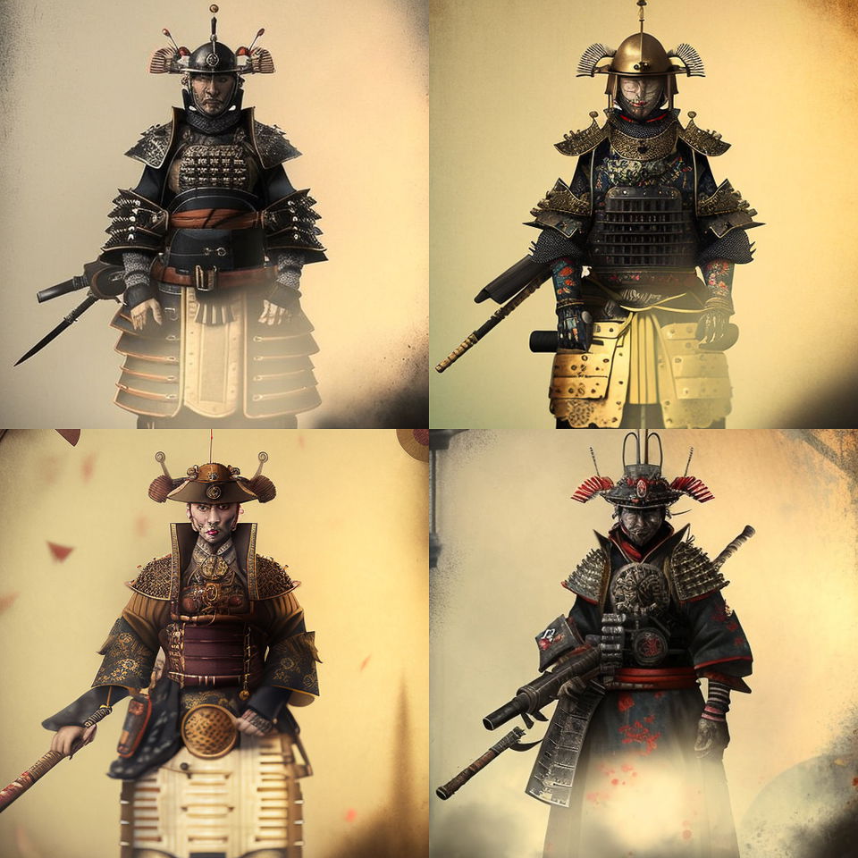 Midjourney prompt for dieselpunk samurai portraits, showcasing armor styles and weaponry, V4 features, iterative image generation.