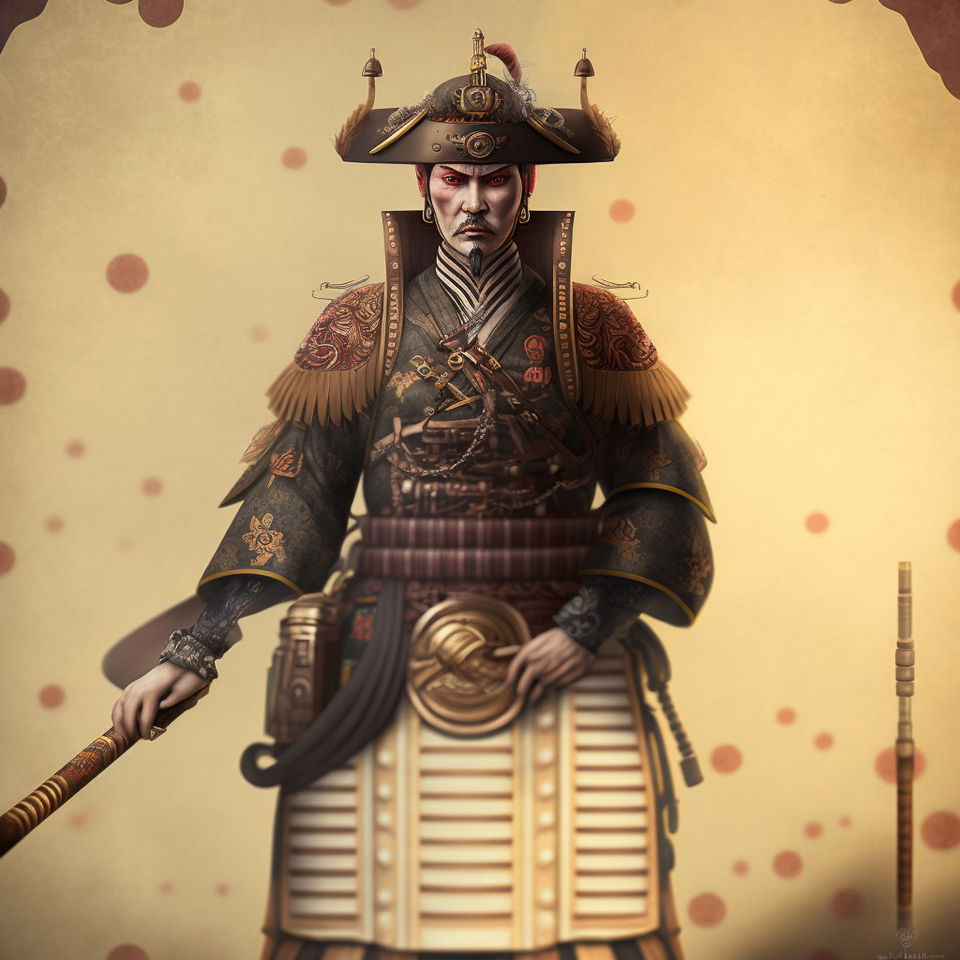 Full-body French dieselpunk samurai in ornate armor, warm sepia palette and soft light, Midjourney V4