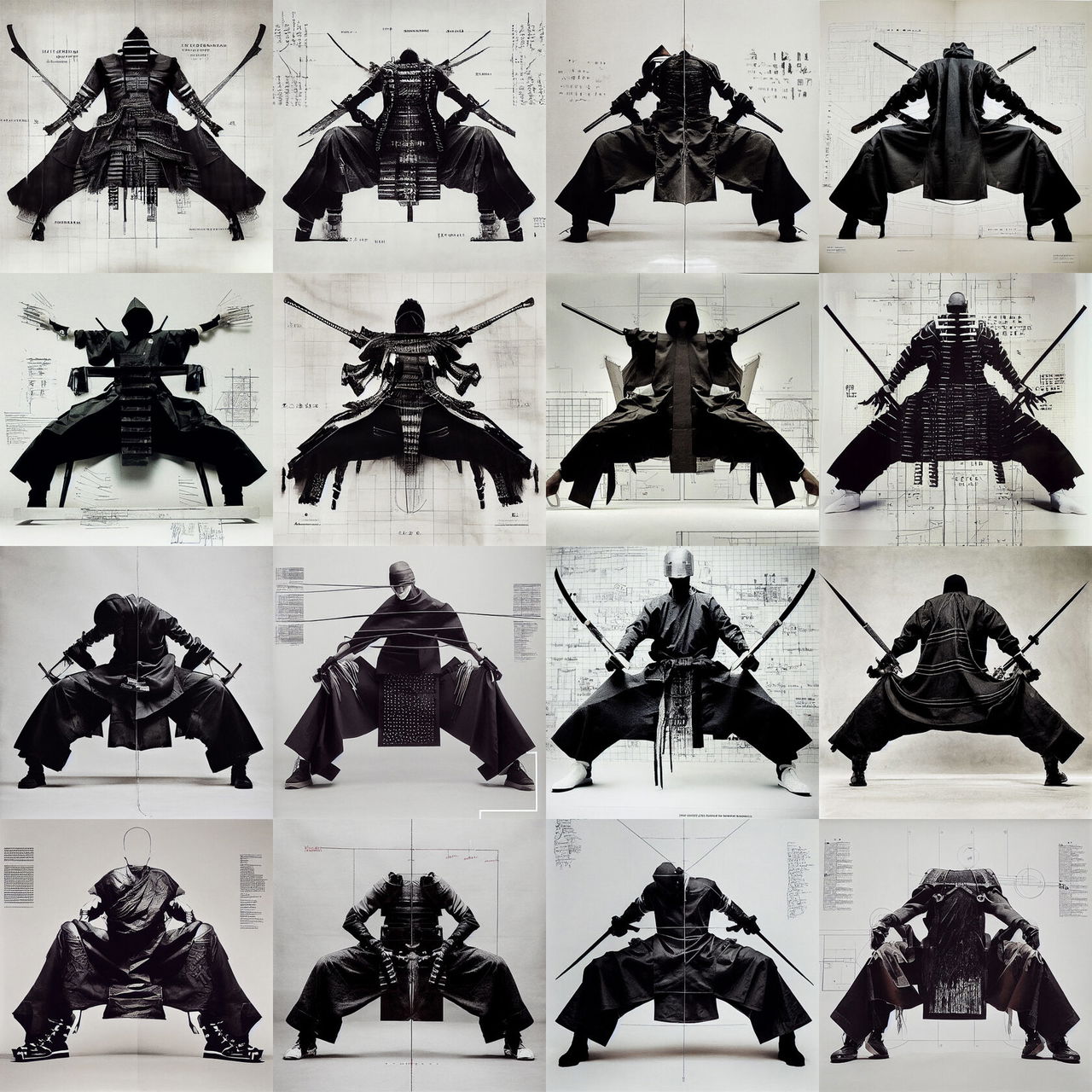 Midjourney prompt engineering for urban samurai designs, showcasing iterative image generation techniques and style swaps in Remix mode.