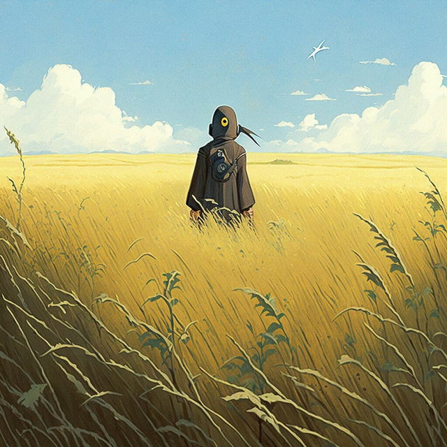 lonely hero in field by Hayao Miyazaki, Midjourney prompt engineering, version 4, artistic re-imagination, visual storytelling