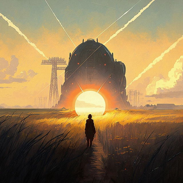 lonely hero in field with dieselpunk megastructure, crepuscular rays, Midjourney prompt engineering, Hayao Miyazaki style