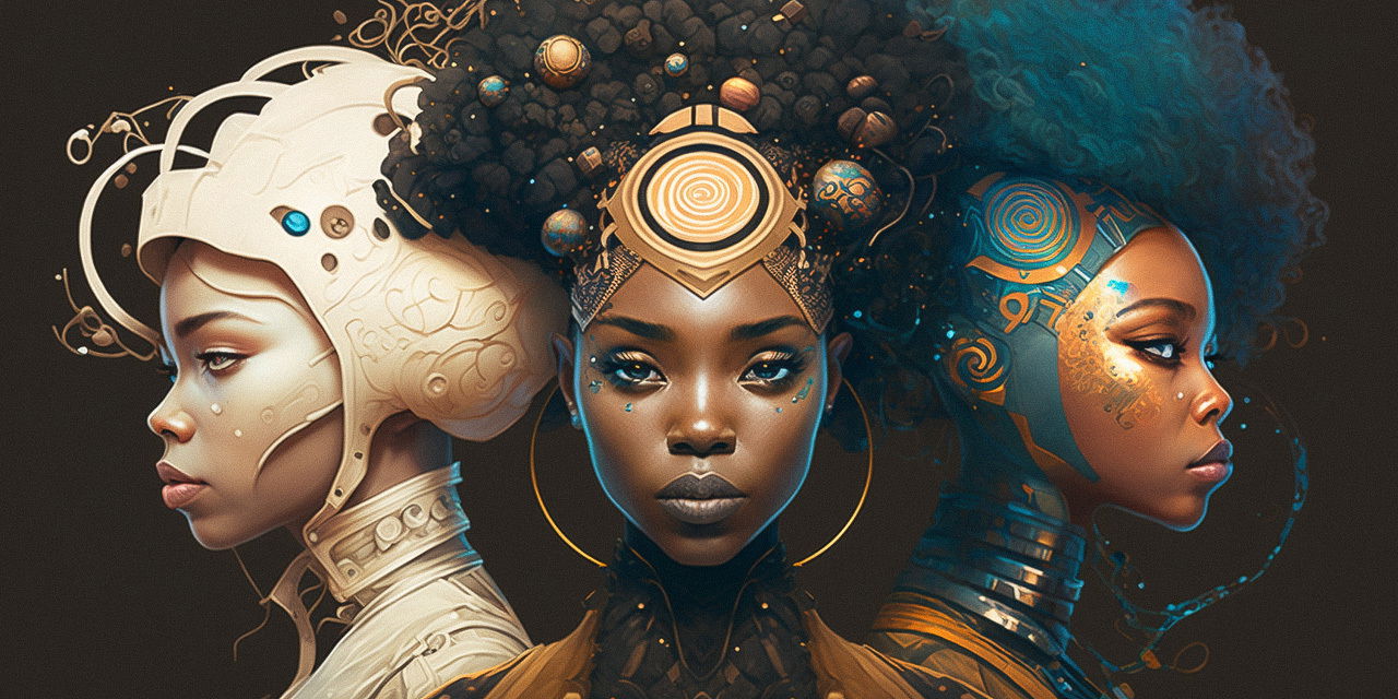 Midjourney prompt featuring three women with afrofuturism elements, inspired by artists like Sakimichan and Frank Frazetta, oilpunk style.