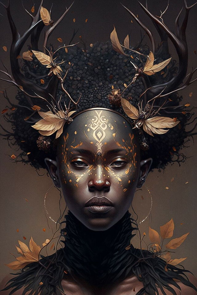 Midjourney prompt for portrait of female humanoid with antlers, inspired by diverse artists, afrofuturist style, high detail, intricate design.