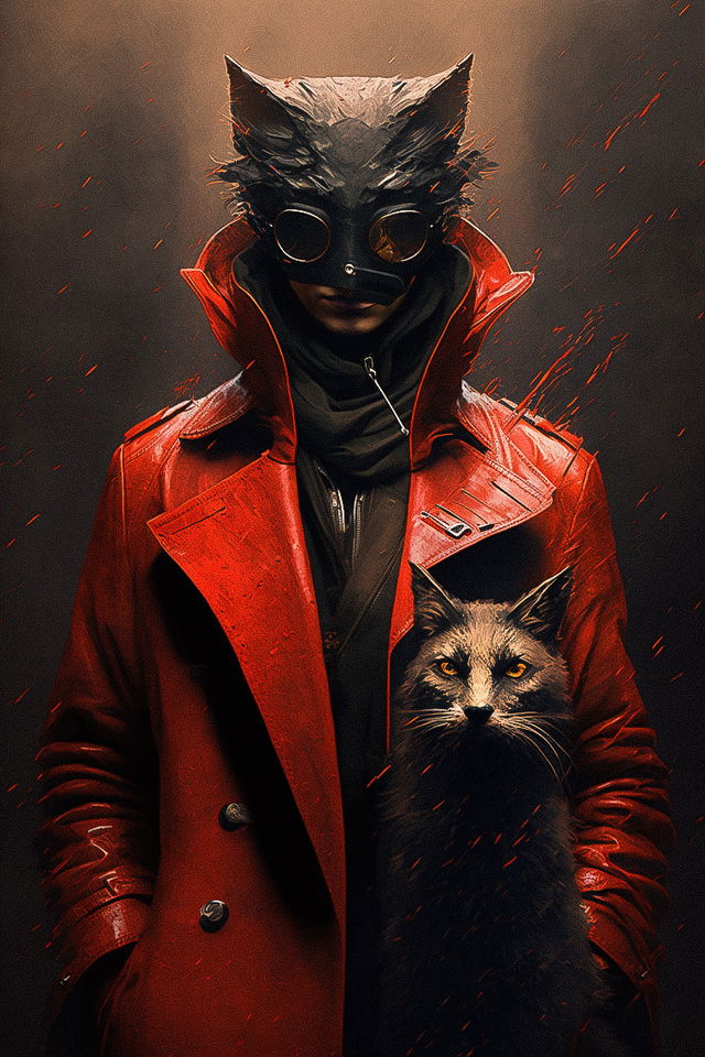 Midjourney prompt for character design featuring person in red coat, black cat mask, cinematic style, digital art by Maciej Kuciara.