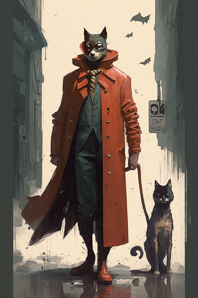 Midjourney prompt for anthropomorphic cat character in red coat, trench coat, eerie atmosphere, artistic re-imagination, version 4.