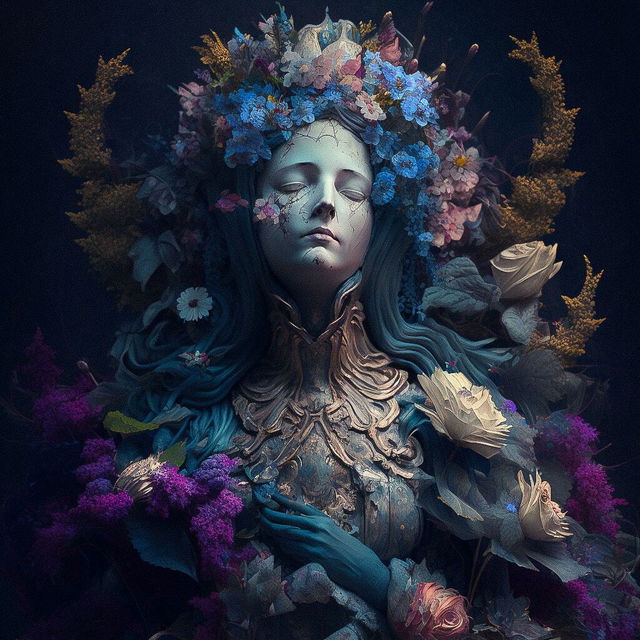 Digital art statue of woman with flowers, inspired by James Christensen, using Midjourney prompt techniques for artistic re-imagination.