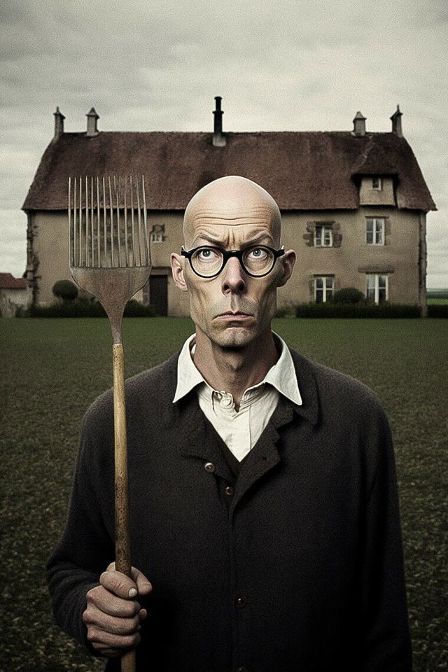 Midjourney prompt engineering for artistic re-imagination, featuring bald man with pitchfork in field, inspired by American Gothic style.