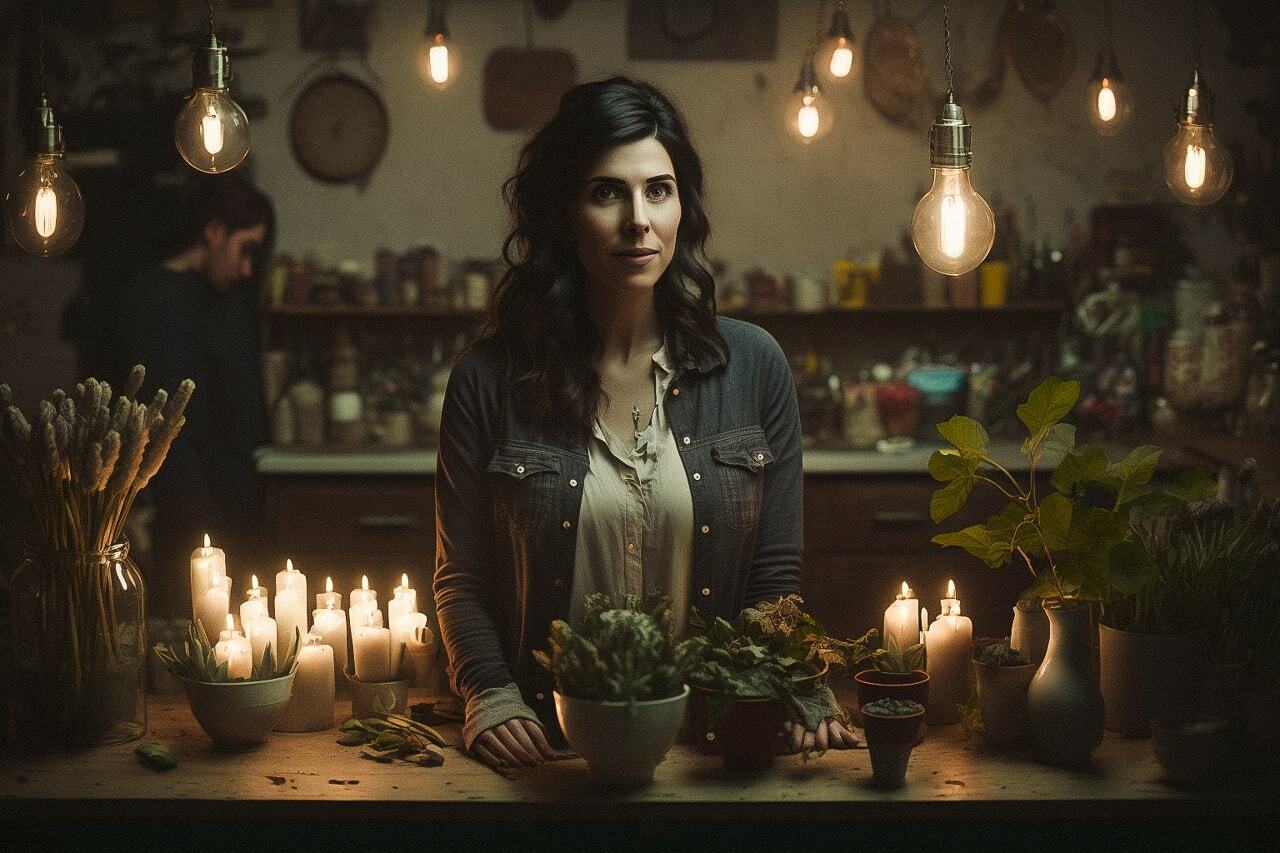 Midjourney prompt for woman with plants, candles, industrial lighting, inspired by Elsa Bleda, cinematic style, artistic re-imagination.