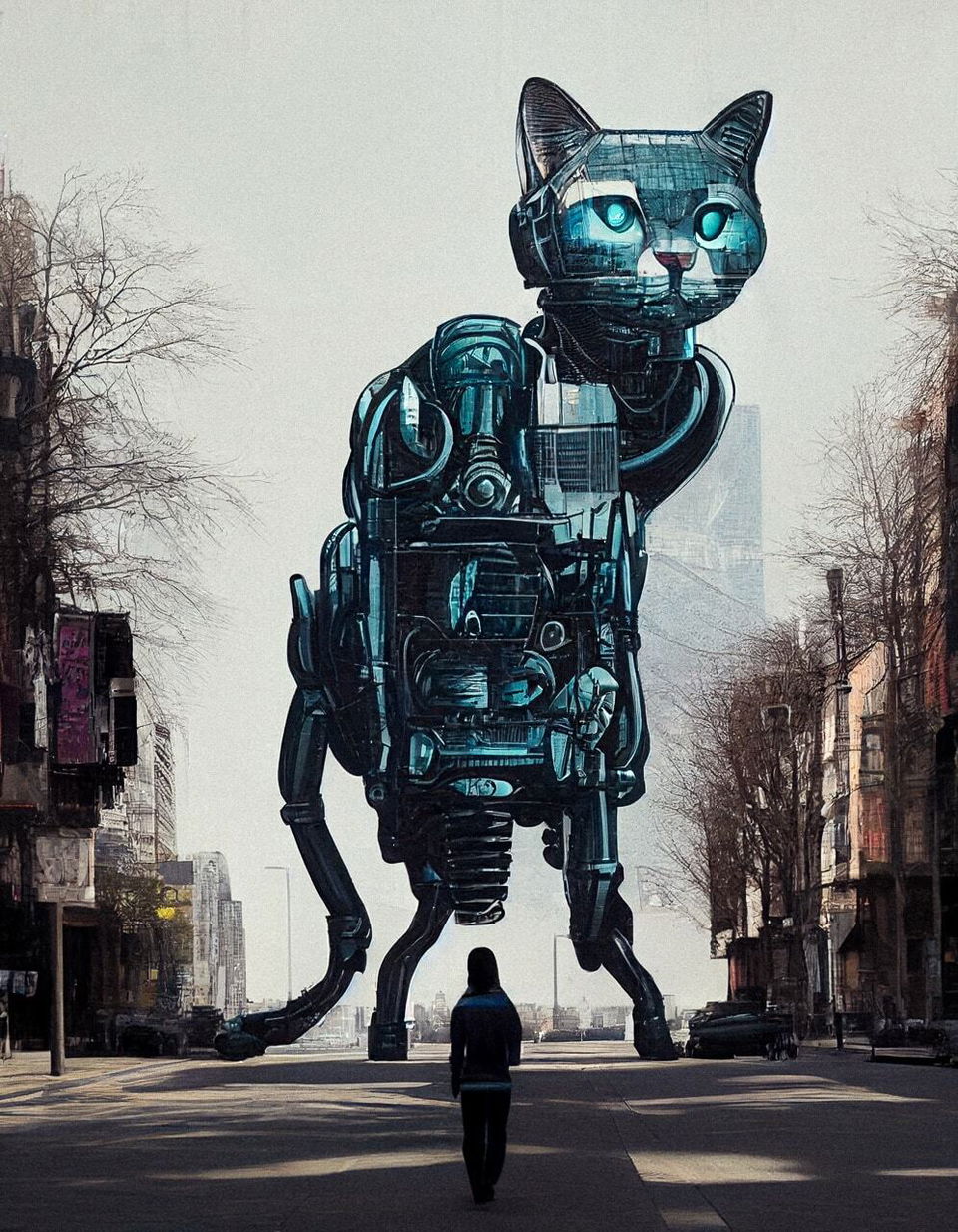 Gigantic robotic biopunk cat walking through city, generated using Midjourney prompt techniques.