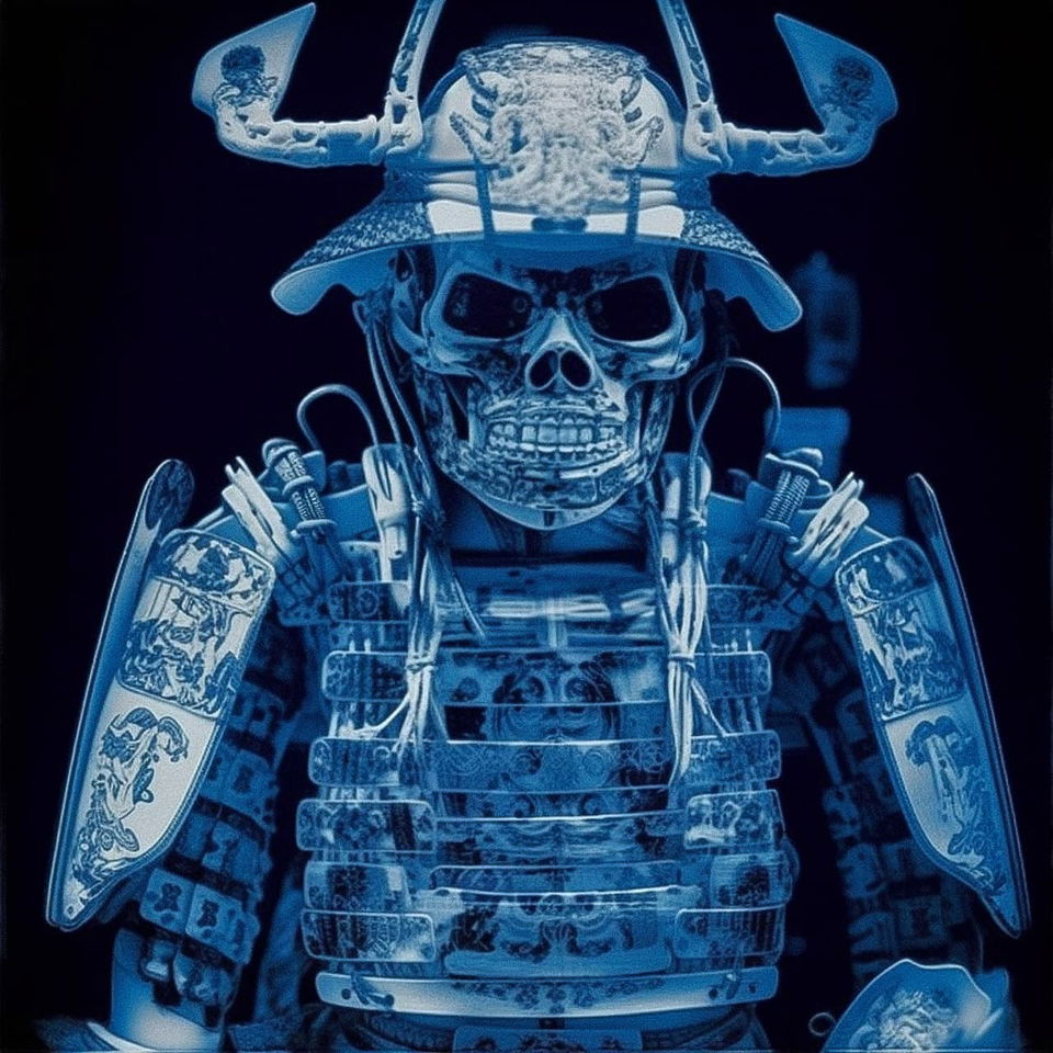 Robot samurai shown as a blue-toned MRI scan with stark medical imaging light, Midjourney V5