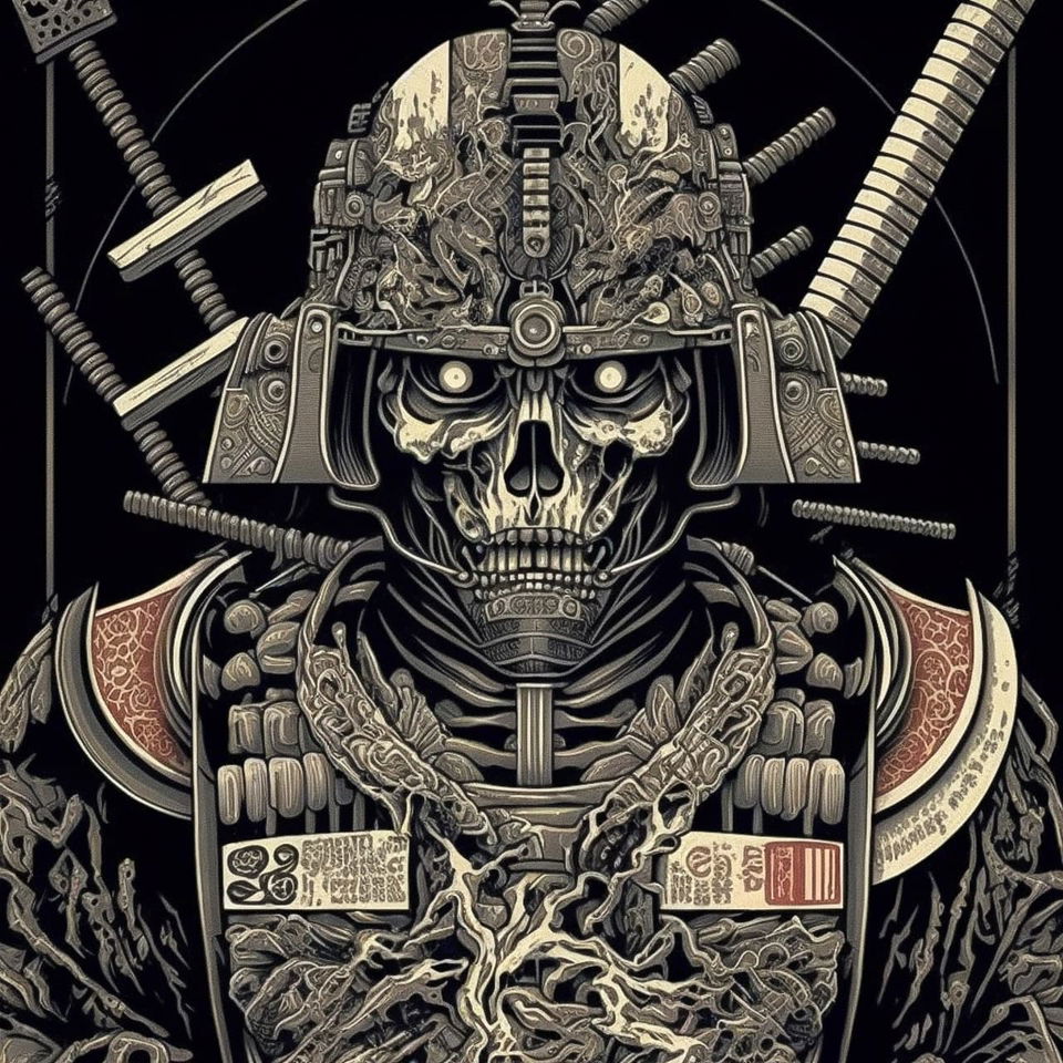 Robot samurai with skull-like face, rendered as a detailed monochrome mechanical medical scan, Midjourney V4