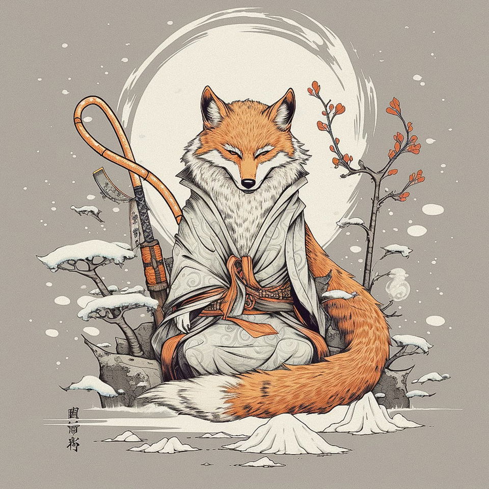 Japanese fox god in winter robes, illustrated in muted ink and orange tones with snowy trees, Midjourney V5